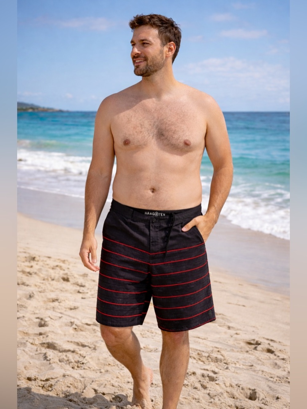 Hang Ten Shorts Men's Size 38 Striped Black Red Drawstring, Zip and Button